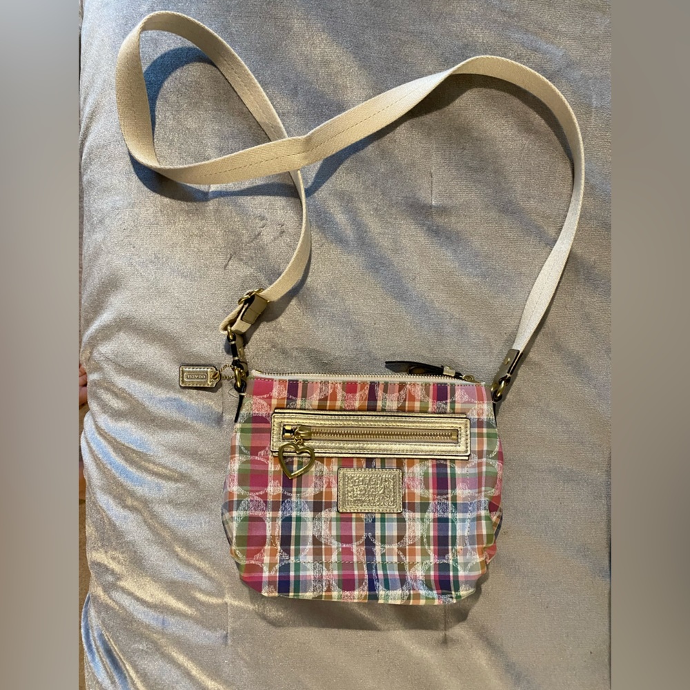 Coach plaid purse. Pink and purple with cream strap
